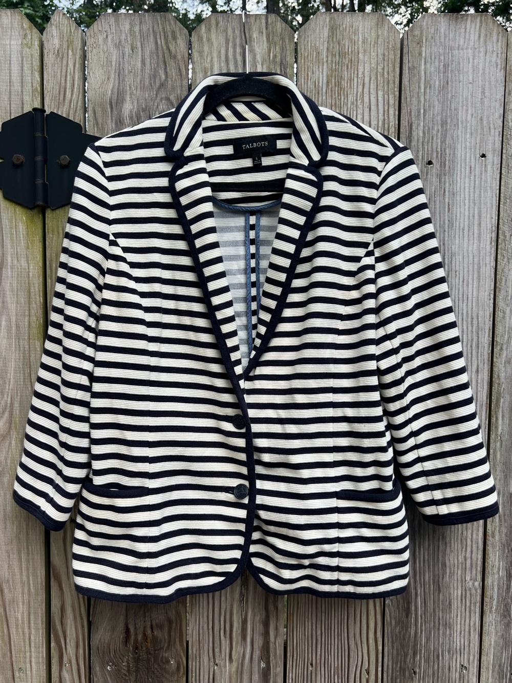 TALBOTS Blue White Stripe Cotton Blend Blazer Jacket 2 Button Women’s Large